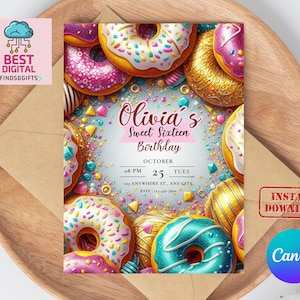 Donut-Einladung, Donut-Einladungen, sofortiger Download Donut-Einladungen, bearbeitbare Donut-Geburtstagseinladung, Party einladen, bearbeitbare Canva-Vorlage