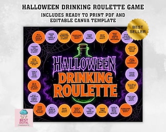 Halloween Drinking Roulette Template,  Halloween Party Drinking Game, Halloween party game, Halloween game printable, Halloween adult game
