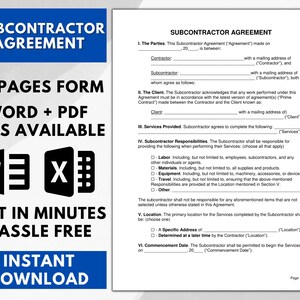 Subcontractor Agreement Template, Subcontractor Agreement forms, Subcontractor Agreement, Contractor Agreement, Subcontractor