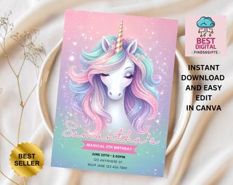 Unicorn Birthday Invitation, Unicorn Invitation, Rainbow Unicorn Birthday Invite, Pastel Unicorn Invitation Printable, Unicorn Invitation