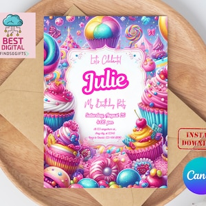 Invitación de Candy Land, invitaciones de Candy Land, invitaciones de caramelos de descarga instantánea, Candyland, invitación de cumpleaños de Candy, invitación editable, mejor