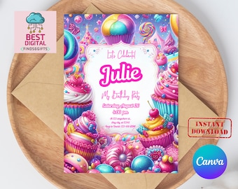 Candy Land Invitation, Candy Land Invites, Instant Download Candies Invitations, Candyland, Candy Birthday Invite, editable invite, best