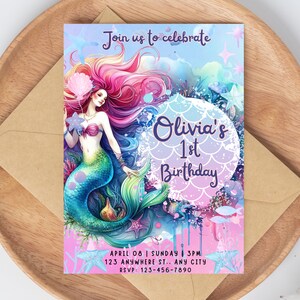Invitación de cumpleaños de sirena editable Fiesta de cumpleaños de sirena bajo el mar Invitación de la sirenita Fiesta de cumpleaños de sirena caprichosa