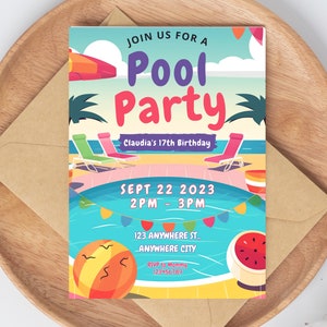 Editable Pool Party Invitation Tropical Splish Splash Girly Pool Party Invitation Summer Swimming Pool Splash Pad Party Instant Download FK