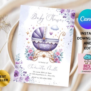Lila Mädchen-Babyparty-Einladung, Babyparty einladen, Lavendel-Babyparty, Babyparty bearbeitbares canva, Babypartyeinladung bearbeiten