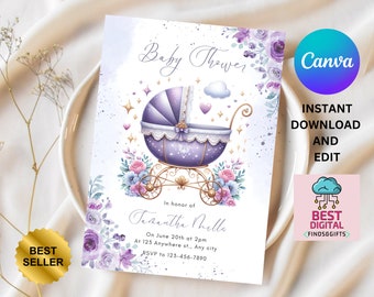 May include: Purple and gold baby shower invitation with a watercolor illustration of a carriage with a white lace canopy and a butterfly. The text reads "Baby Shower" and "In honor of Samantha Milla".