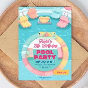 Editable Pool Party Invitation Tropical Splish Splash Girly Pool Party Invitation Summer Swimming Pool Splash Pad Party Instant Download FK