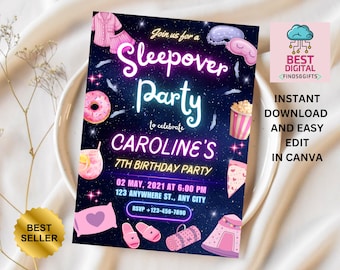 Invito di compleanno per pigiama party, invito stampabile per pigiama party, pigiama party, pigiama party, modello modificabile con luce al neon retrò, download immediato