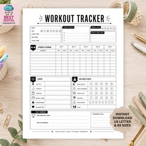 May include: A white workout tracker printable sheet with black text and lines. Sections include date, today's focus, energy level, strength training, cardio, wellness check, and daily summary. Text includes "WORKOUT TRACKER" and "CONSISTENCY TODAY, STRONGER TOMORROW".