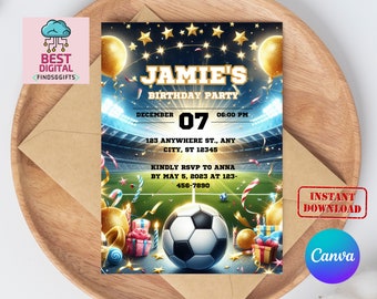 Editable Soccer Birthday Invitation Digital, Soccer Party Invite, Football Birthday Evite, Editable Canva Template, Let&#39;s Kick Up Some Fun