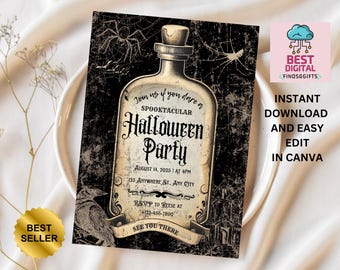 May include: A black and white Halloween party invitation with a spooky bottle design. The invitation features a vintage-style font and includes the text "Join us if you dare a Spooktacular Halloween Party".