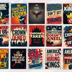Puede incluir: Una colecci&oacute;n de carteles patri&oacute;ticos con varios lemas e im&aacute;genes. Los carteles presentan texto en negrita, incluidas frases como "No a los reyes", "La democracia no lleva corona" y "Los verdaderos patriotas protegen la democracia". La paleta de colores incluye rojo, blanco y azul.