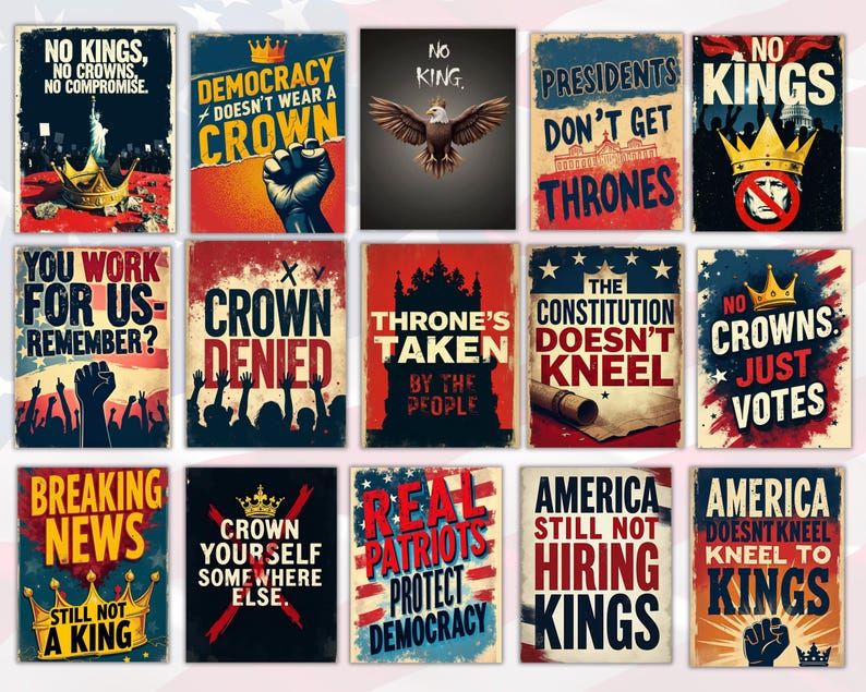 Puede incluir: Una colecci&oacute;n de carteles patri&oacute;ticos con varios lemas e im&aacute;genes. Los carteles presentan texto en negrita, incluidas frases como "No a los reyes", "La democracia no lleva corona" y "Los verdaderos patriotas protegen la democracia". La paleta de colores incluye rojo, blanco y azul.