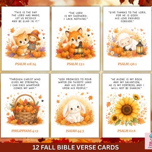 May include: Six rectangular cards featuring fall-themed illustrations and Bible verses. Images include a kitten with a scarecrow, a fox with a lantern, a lamb, a basket of pumpkins, a white bunny, and sunflowers, all surrounded by autumn leaves.
