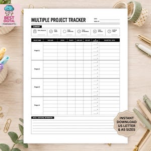 May include: A white Multiple Project Tracker printable sheet with black text and grid lines. The document includes sections for project name, task name, status, priority, start date, due date, percent complete, and notes, plus a summary area.