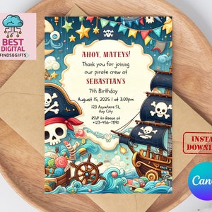 Invitación pirata, invitación de cumpleaños pirata, plantilla de invitación editable pirata, invitación de cumpleaños pirata, invitaciones piratas, invitación editable