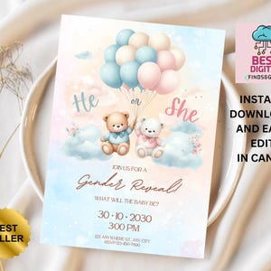 EDITABLE Teddy Bears Gender Reveal Invitation, Baby Boy Or Girl Party Invite Template, He Or She, Boho Watercolor Bear with Balloons,