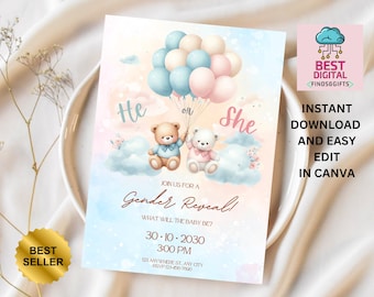 EDITABLE Teddy Bears Gender Reveal Invitation, Baby Boy Or Girl Party Invite Template, He Or She, Boho Watercolor Bear with Balloons,
