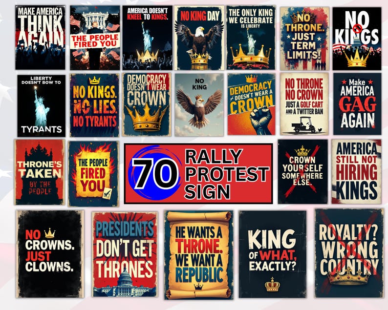 Puede incluir: Colecci&oacute;n de carteles de protesta con varios lemas, incluyendo "Make America Think Again" y "No Kings". Los carteles presentan im&aacute;genes patri&oacute;ticas y texto en negrita, adecuados para manifestaciones y protestas.