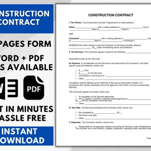 Construction Contract , Construction Template, Handyman, Contract Template, Contractor agreement