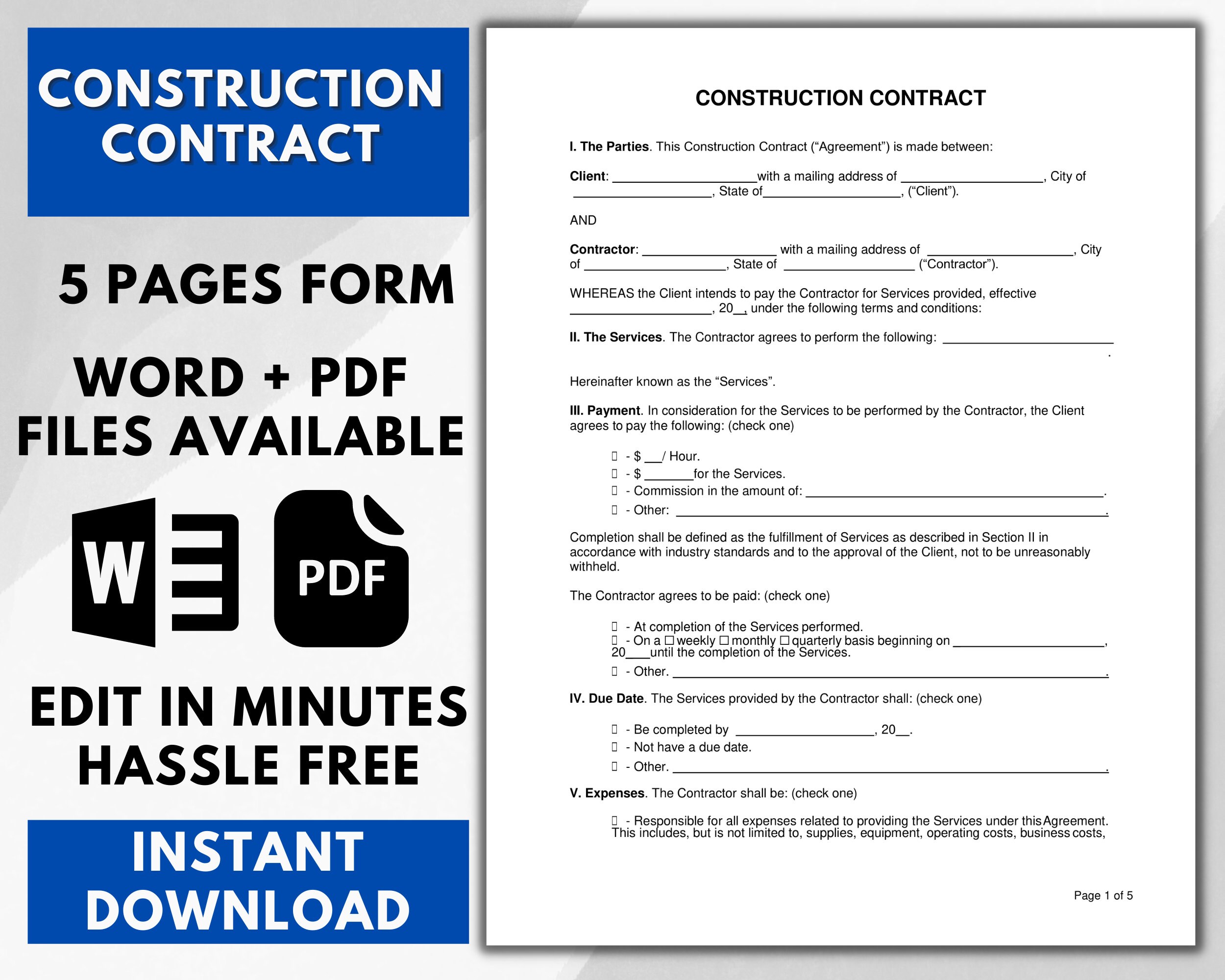 Construction Contract , Construction Template, Handyman, Contract Template, Contractor agreement