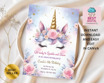 Unicorn Birthday Invitation, Unicorn Invitation, Rainbow Unicorn Birthday Invite, Pastel Unicorn Invitation Printable, Unicorn Invitation