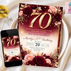 May include: A 70th birthday invitation with a burgundy and gold color scheme. The invitation features a large gold "70" and floral accents. A smartphone displays the same design. The words "Best Seller" and "Best Digital Finds&Gifts" are also visible.
