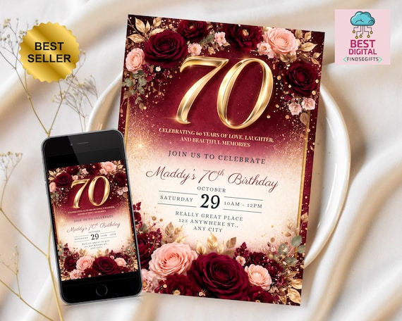 70th Birthday Invitation Template Editable, Burgundy Gold Floral 70 Invite, Elegant 70th Birthday Party Invitation, Printable 70th birthday