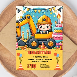 Construction Birthday Invitation, EDITABLE Dump Trucks Party Invite Template, Boy Outdoor Birthday, Excavator, Instant Download, Excavator