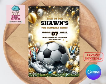 Editable Soccer Birthday Invitation Digital, Soccer Party Invite, Football Birthday Evite, Editable Canva Template, Let's Kick Up Some Fun