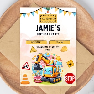 Construction Birthday Invitation, EDITABLE Dump Trucks Party Invite Template, Boy Outdoor Birthday, Excavator, Instant Download, Excavator