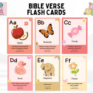 May include: Set of Bible verse flash cards featuring colorful illustrations of an apple, butterfly, candy, duck, elephant, and flower. Each card includes a letter, word, and Bible verse. The cards are designed for educational purposes.