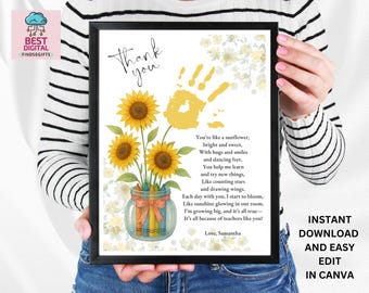 Teacher Appreciation Gift Printable | Handprint Flower Art | End of Year Thank You Gift | Preschool Teacher | Teaching Assistant