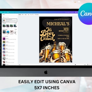 May include: A black and gold birthday party invitation with the text "It's Beer O'clock" and "Micheal's 30th Birthday Party". The invitation features a cartoon illustration of hands holding beer glasses.