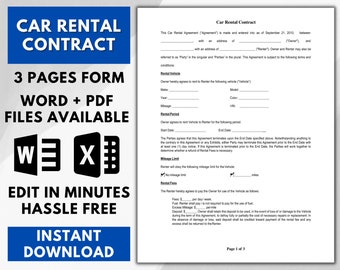 Car Rentals contract, Car rental agreement, Vehicle rental agreement, Car Rentals form, Editable word and PDF File, Instant download