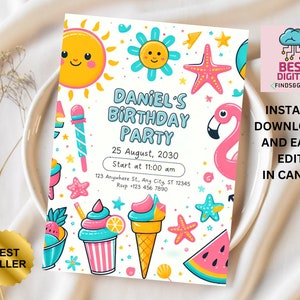 Editable Summer Party, Pool Party Invitation Tropical Splish Splash Pool Party Invitation Summer Swimming Pool Splash Pad Party