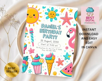 Editable Summer Party, Pool Party Invitation Tropical Splish Splash Pool Party Invitation Summer Swimming Pool Splash Pad Party