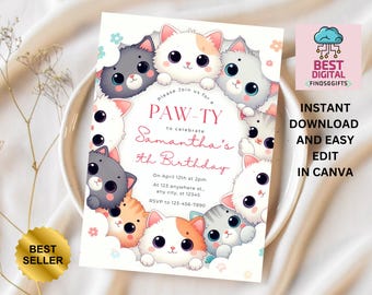 Editable Cat Birthday Invitation, Cat Theme Birthday Invitation, Are You Kitten Me Birthday, Paw-ty Birthday Invite