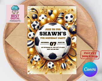 Editable Soccer Birthday Invitation Digital, Soccer Party Invite, Football Birthday Evite, Editable Canva Template, Let's Kick Up Some Fun