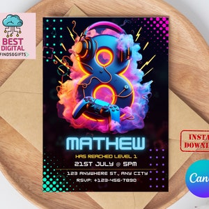 Peut inclure: Une invitation colorée pour une fête d'anniversaire sur le thème des jeux vidéo. L'invitation présente un numéro 8 bleu et rose néon avec une manette de jeu et un casque. Le texte sur l'invitation indique "Mathew a atteint le niveau 1, 21 juillet à 17h, 123 Anywhere St., Any City, RSVP : +123-456-7890".
