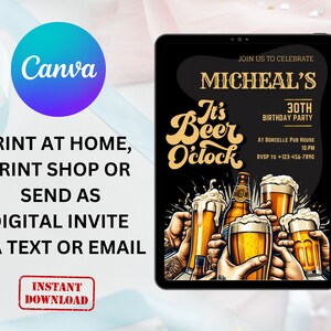 May include: A digital invitation for a 30th birthday party with a beer theme. The invitation features a black background with the text "It's Beer O'clock" in a retro font. There are illustrations of hands holding beer glasses and bottles. The text "Join us to celebrate Micheal's 30th Birthday Party" is at the top of the invitation. The text "At Borcelle Pub House 10:PM RSVP to +123-456-7890" is at the bottom of the invitation.