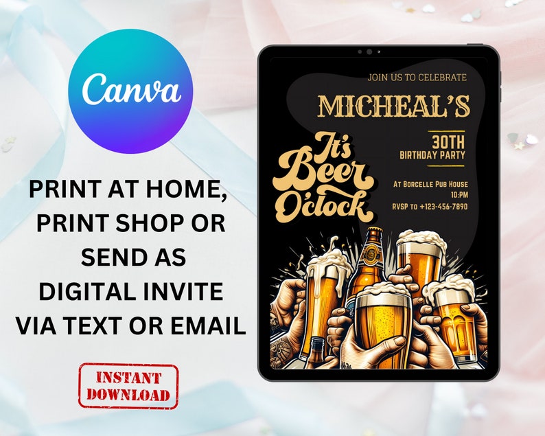 May include: A digital invitation for a 30th birthday party with a beer theme. The invitation features a black background with the text "It's Beer O'clock" in a retro font. There are illustrations of hands holding beer glasses and bottles. The text "Join us to celebrate Micheal's 30th Birthday Party" is at the top of the invitation. The text "At Borcelle Pub House 10:PM RSVP to +123-456-7890" is at the bottom of the invitation.