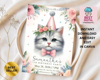 Editable Cat Birthday Invitation, Cat Theme Birthday Invitation, Are You Kitten Me Birthday, Paw-ty Birthday Invite