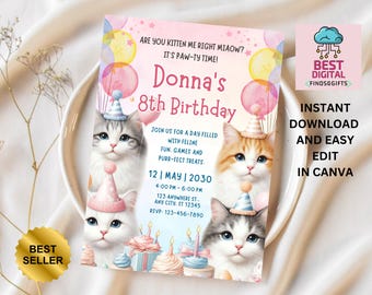 Editable Cat Birthday Invitation, Cat Theme Birthday Invitation, Are You Kitten Me Birthday, Paw-ty Birthday Invite