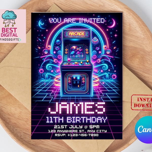 Editable Arcade Birthday Party Invitation Minimalist Neon Boy Game Party Glow Gaming Arcade Birthday Party Neon Glow Party Instant Download