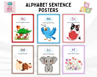 Alphabet Sentence Poster, ABC Posters Classroom, Alphabet Poster Print, Homeschool Printable Alphabet Posters, Toddler Preschool ABC Poster