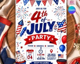4th of July Invitation Template, USA Independence Day Invitation, Patriotic Party Invite, Independence Day BBQ Invitation, BBQ Invite Canva
