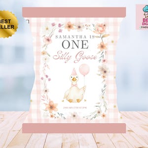 May include: A pink and white gingham-patterned birthday party invitation with the text "Samantha is One Silly Goose." The invitation features a watercolor illustration of a goose holding a balloon and wearing a party hat.