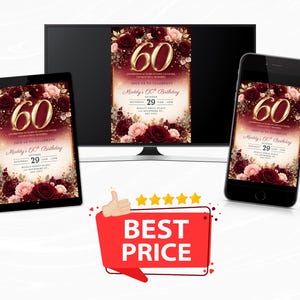 70th Birthday Invitation Template Editable, Burgundy Gold Floral 70 Invite, Elegant 70th Birthday Party Invitation, Printable 70th birthday image 6