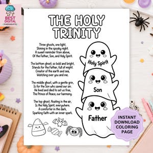 Peut inclure: Une page de coloriage imprimable intitulée The Holy Trinity avec un poème et une pile de trois fantômes mignons étiquetés Holy Spirit, Son et Father. La page inclut des dessins au trait d'un bonbon, d'une chauve-souris et d'une araignée.